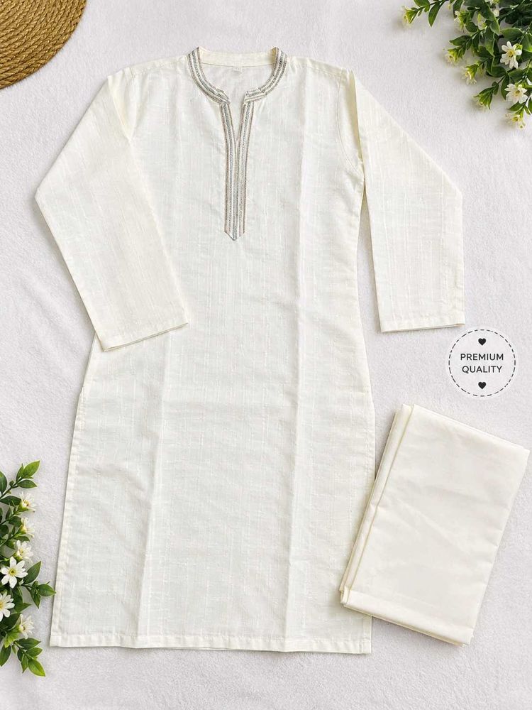 Elegant Off-White Kurta Set with Embellished Neckl