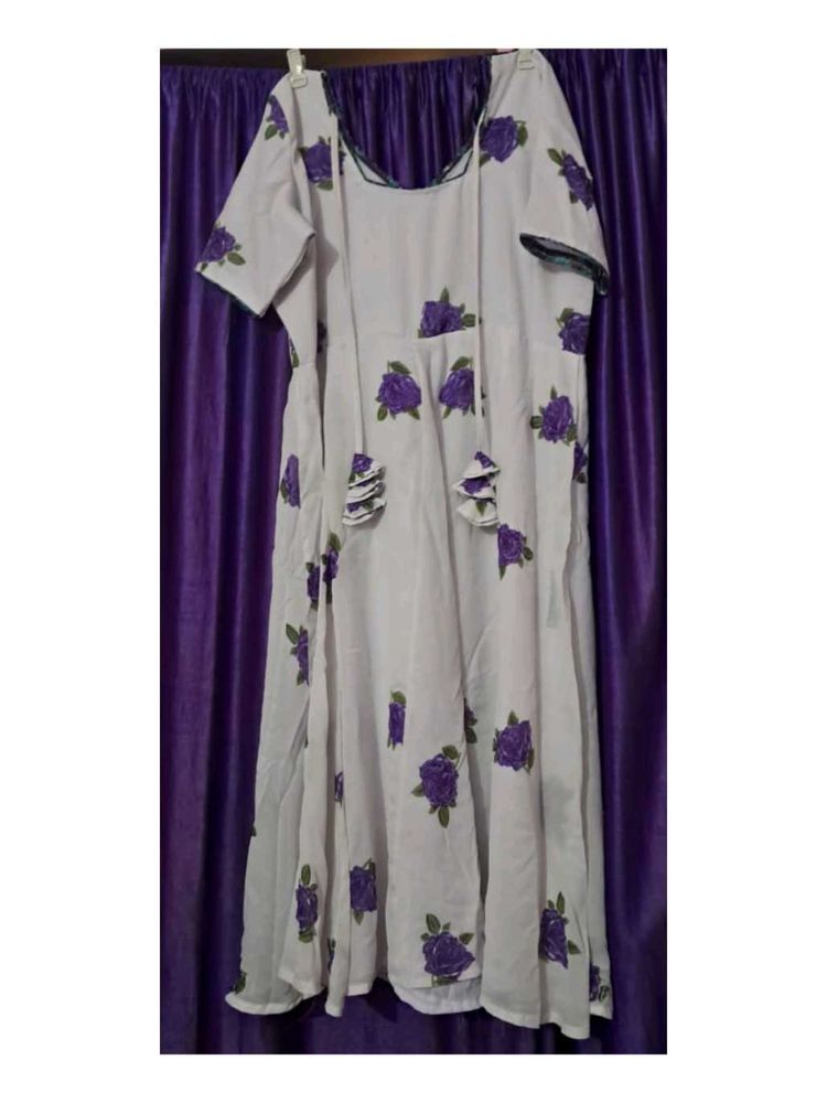 White Kurta with Purple Rose Print
