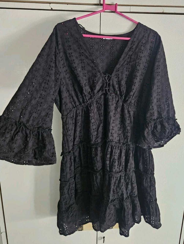 Chic Black Eyelet Tiered Dress