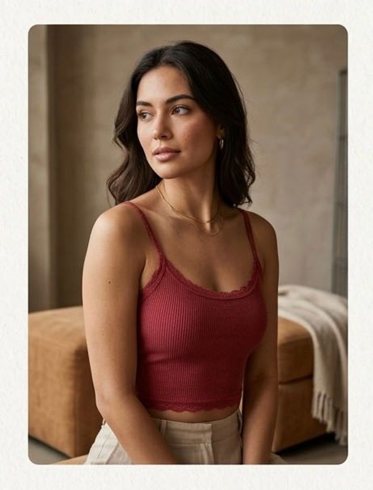 Ribbed Lace Trim Crop Tank Top