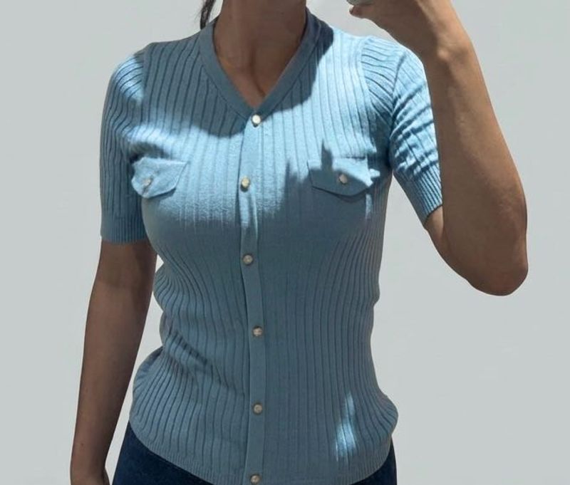 Light Blue Ribbed Button-Up Top
