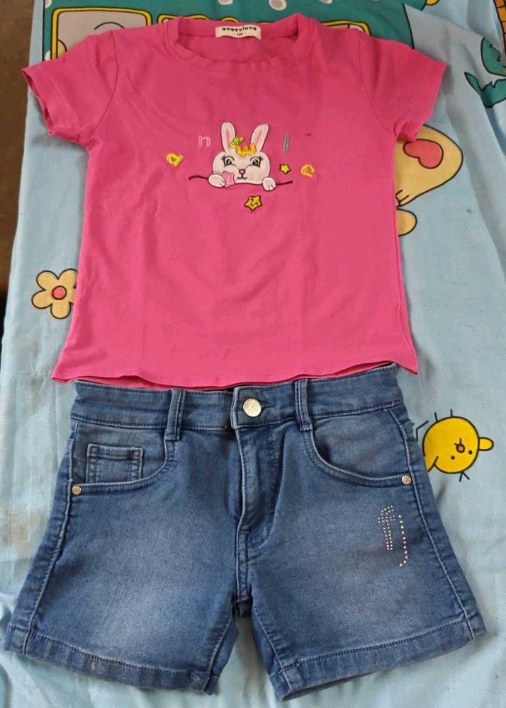 Cute Bunny T-shirt and Denim Shorts Set
