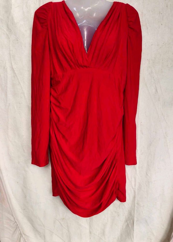 I. Chic Red Ruched V-Neck Dress