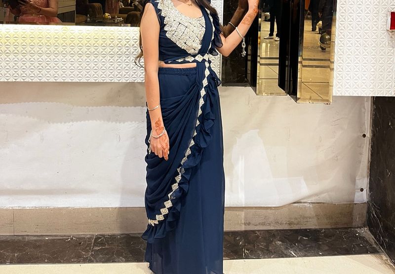 Elegant Navy Blue Ruffled Ethnic Saree