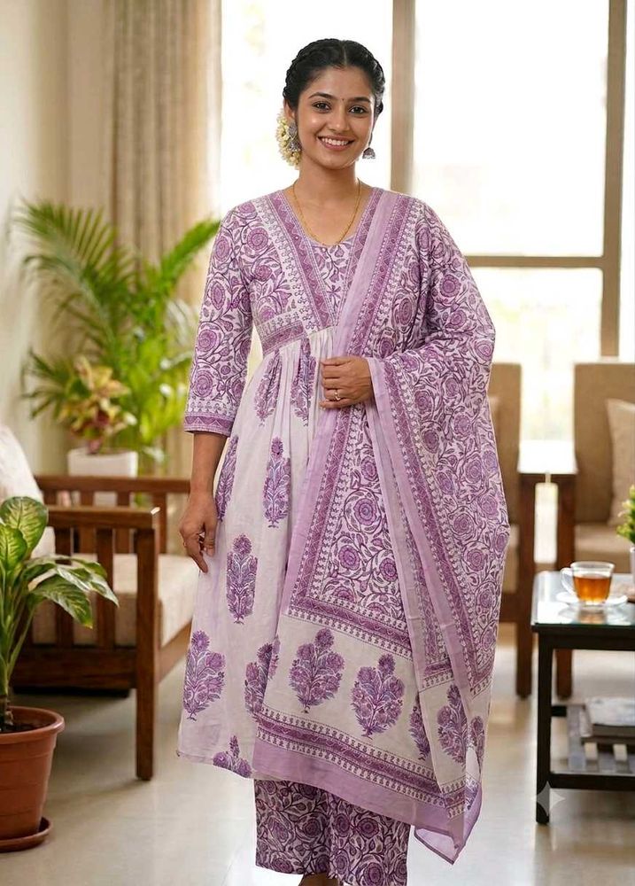 Beautiful Lavender Block Print Kurta Set