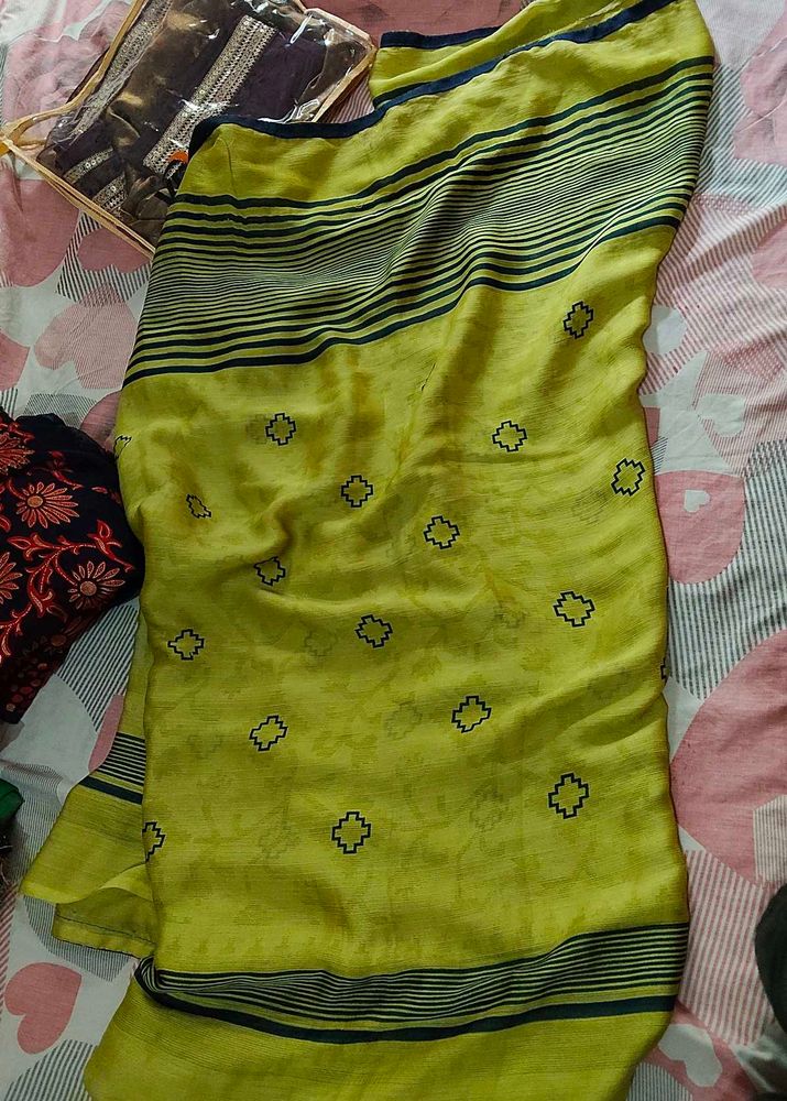Vibrant Lime Green Saree with Striped Border