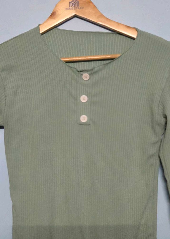 Sage Green Ribbed Button Top