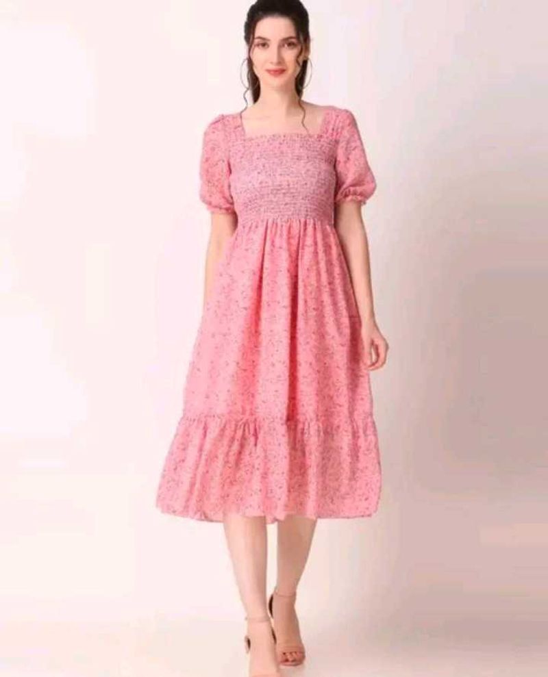 Pink Floral Smocked Puff Sleeve Dress