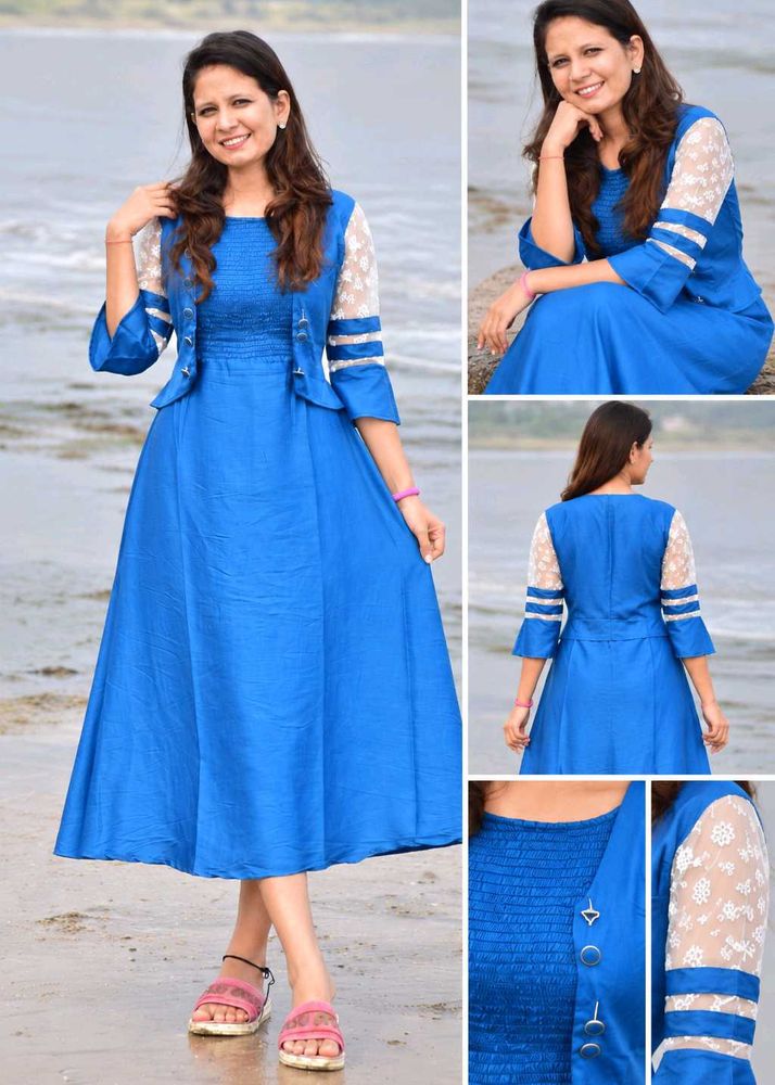 Elegant Blue Ethnic Gown with Lace Sleeves