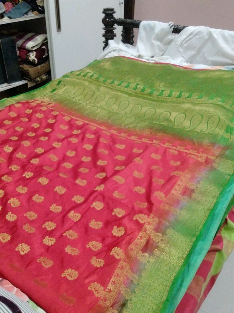 Red And Parrot Green Fancy Pattu Saree