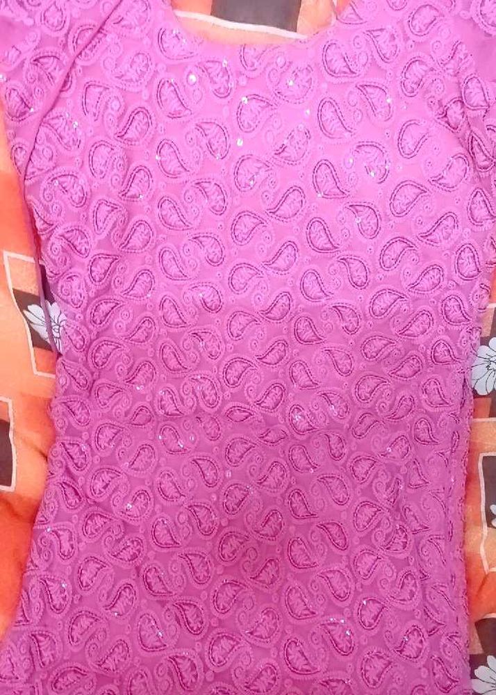 Rose Pink Colour Kurti With Mirror And embroidery