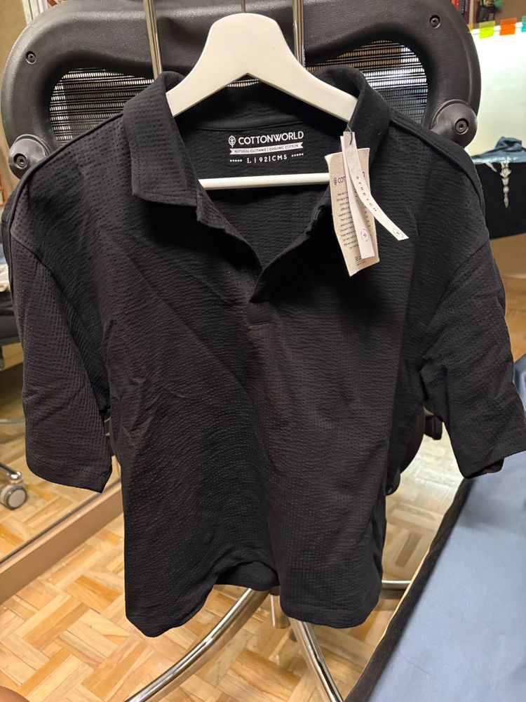 Cottonworld Black Textured Polo Shirt