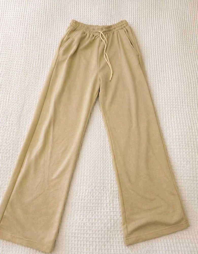 Beige Wide-Leg Drawstring Pants