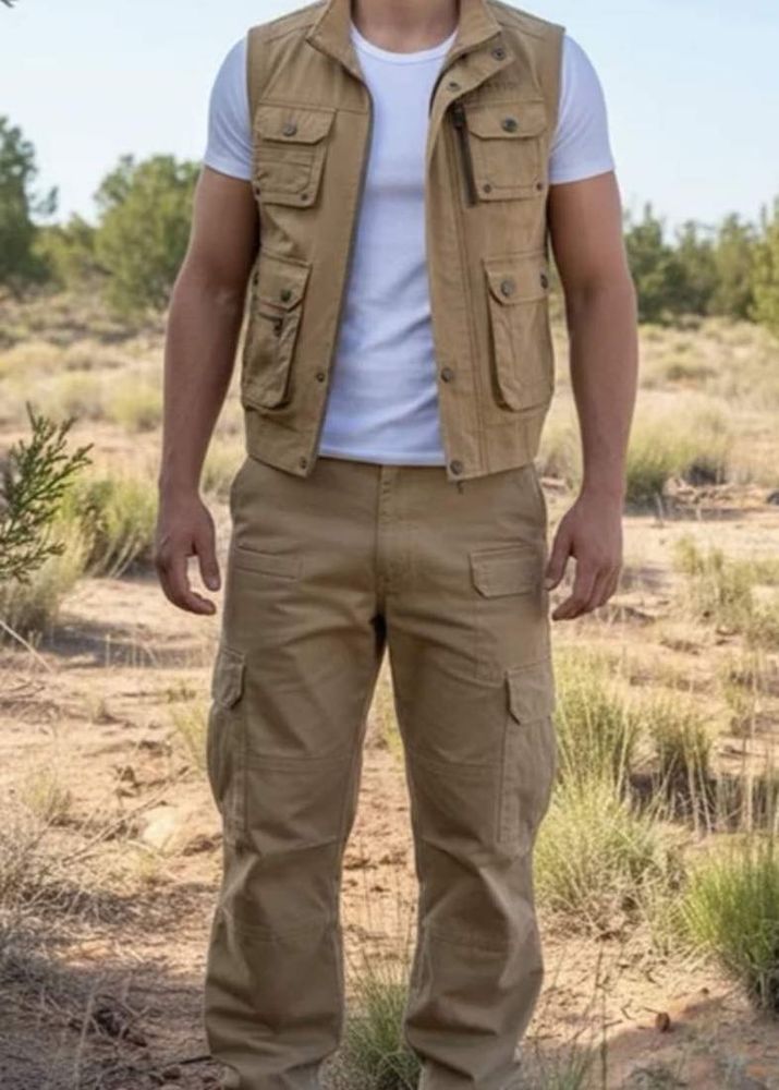 Beige Vest and Cargo Pants Set