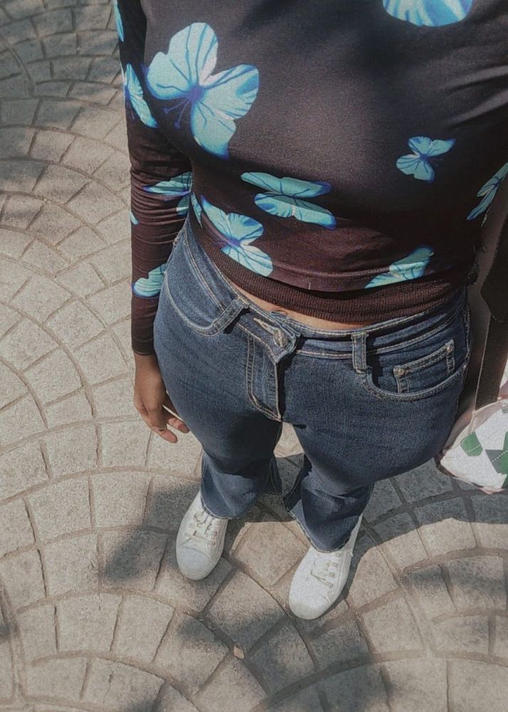 Blue Butterfly Print Long Sleeve Mesh Top