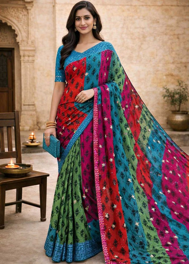 🇳🇿💫🎀Colorful Printed Saree sequence work