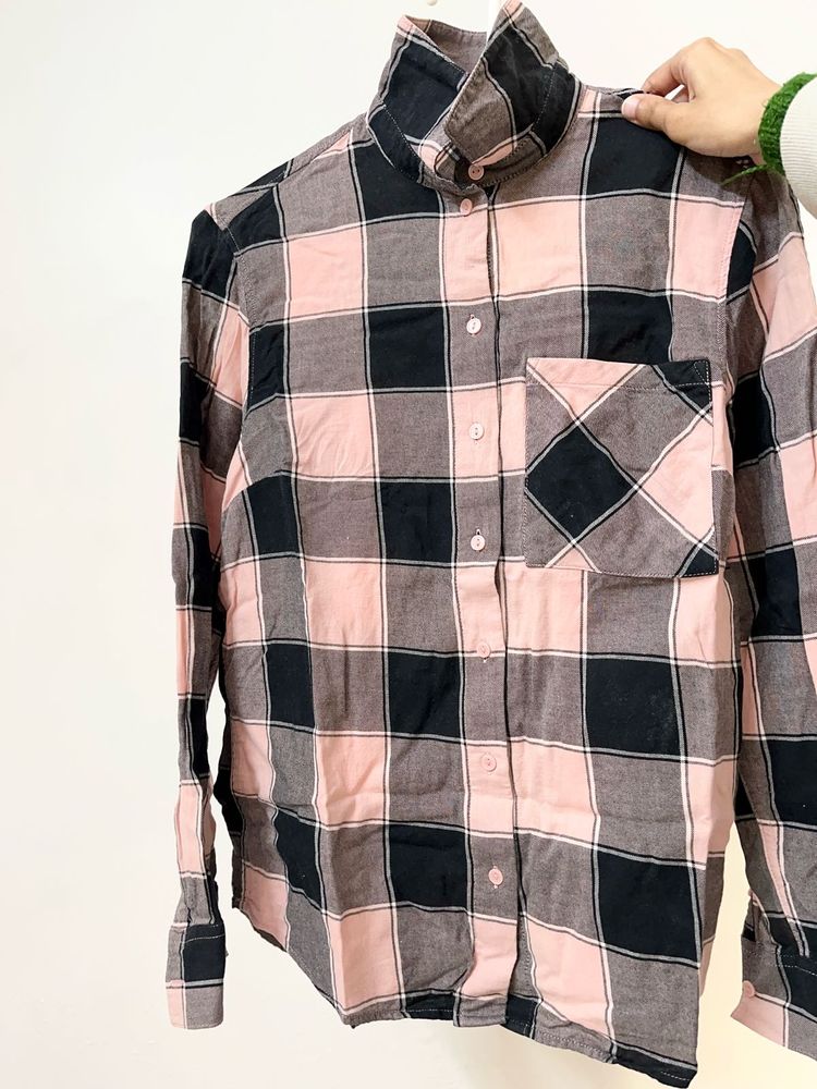 H&amp;M Pink &amp; Black Checked Oversized Shirt Size XS