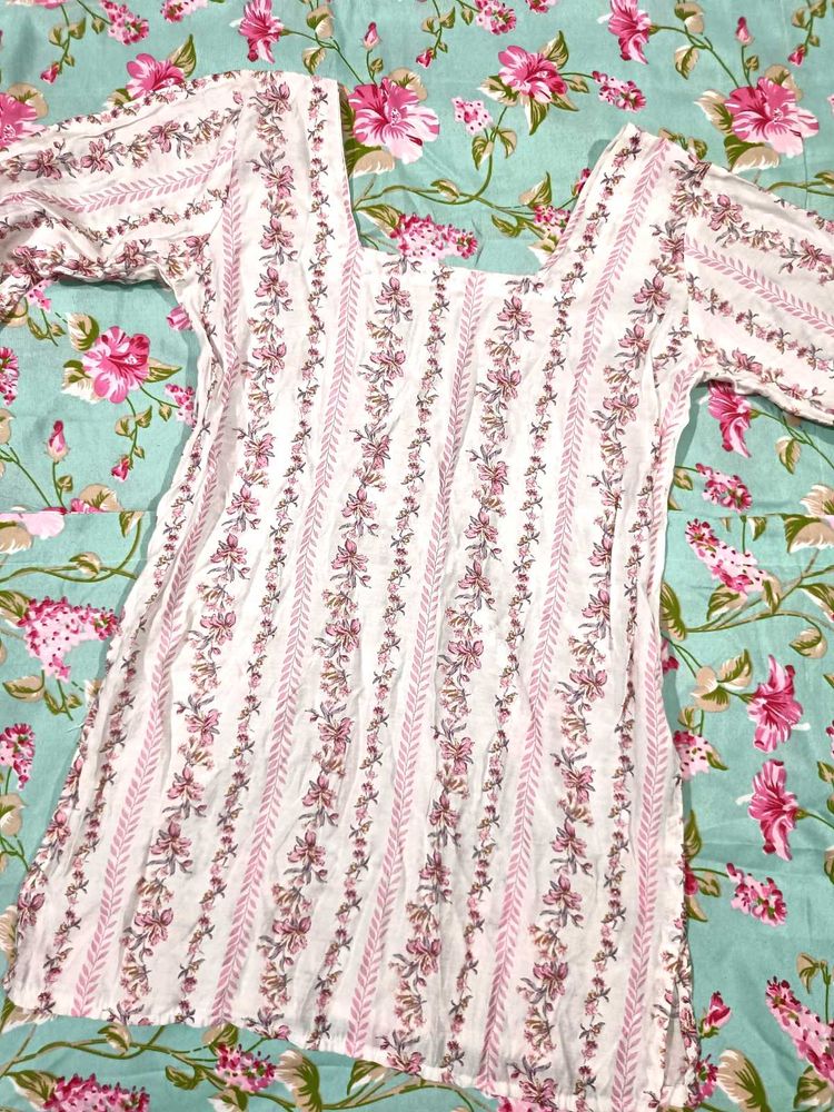 Beautiful White Kurta with Pink Floral Print