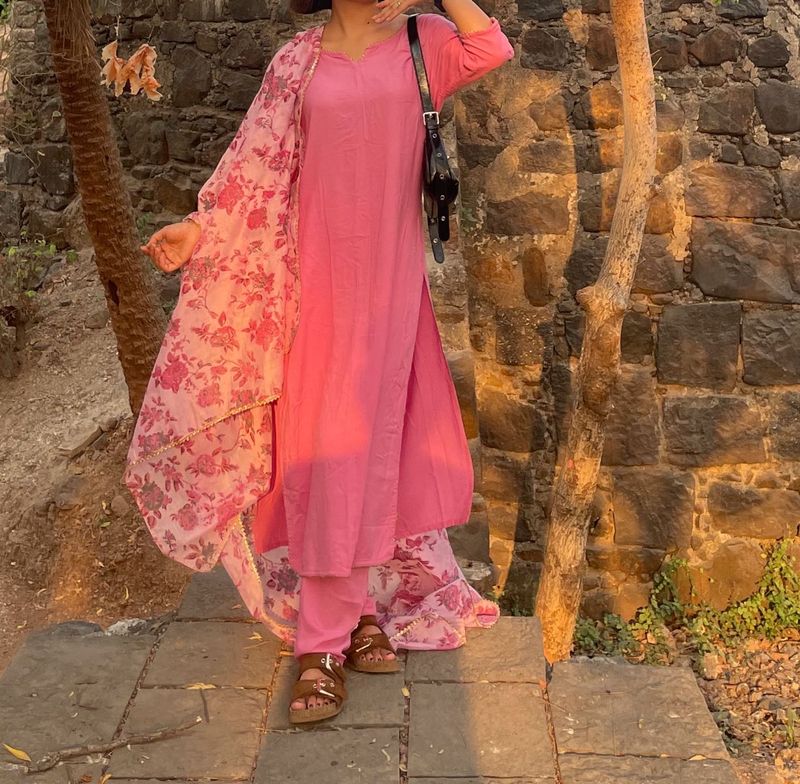 Pink Floral Kurta Set with Dupatta