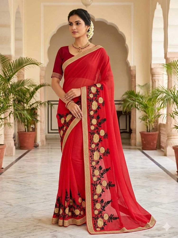 Elegant Red Embroidered Saree