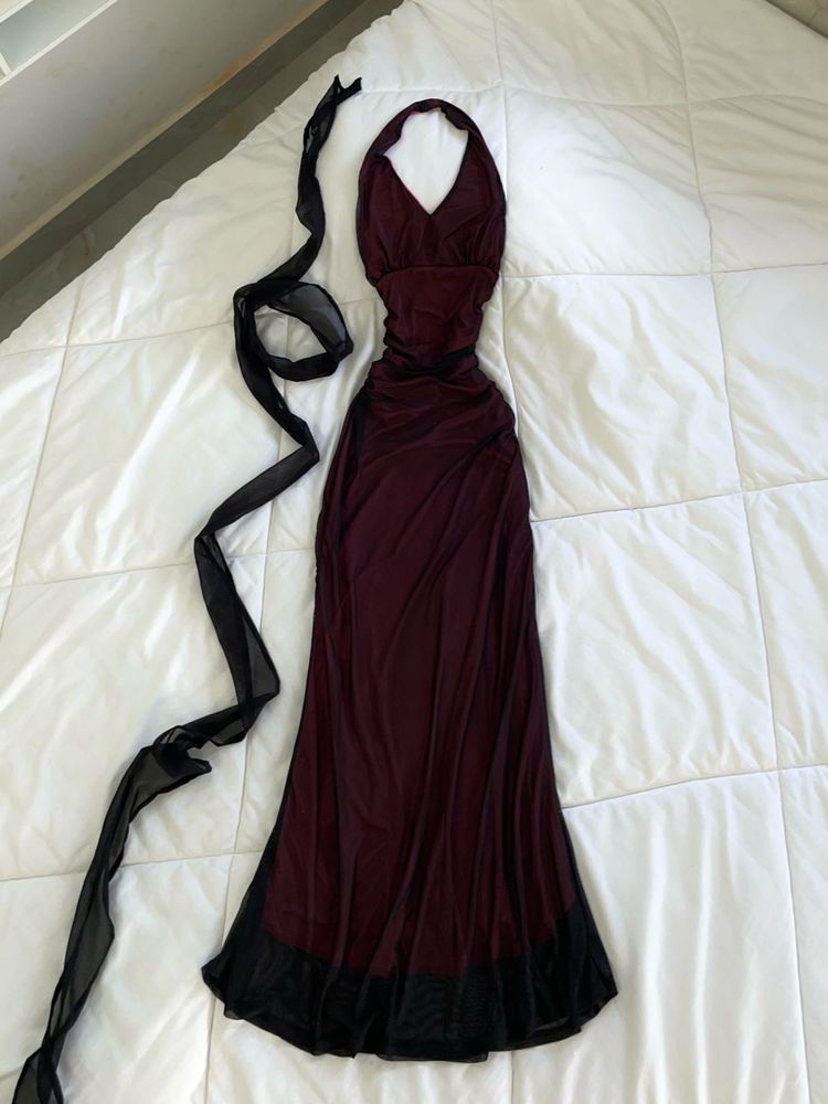 Elegant black red Burgundy Halter Neck mesh Dress