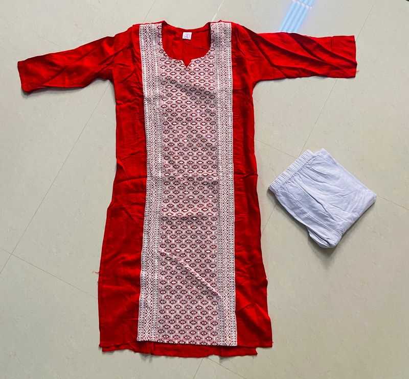 Red Chikankari Neck Design Kurta With Whitelegging