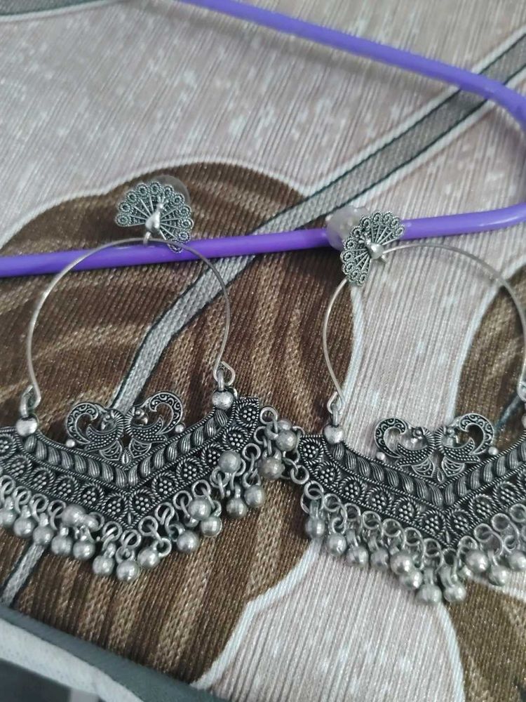Oxidized Silver Peacock Jhumka Earrings