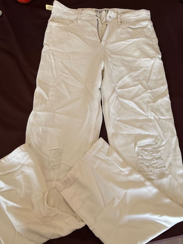 Cream Distressed Wide-Leg Jeans