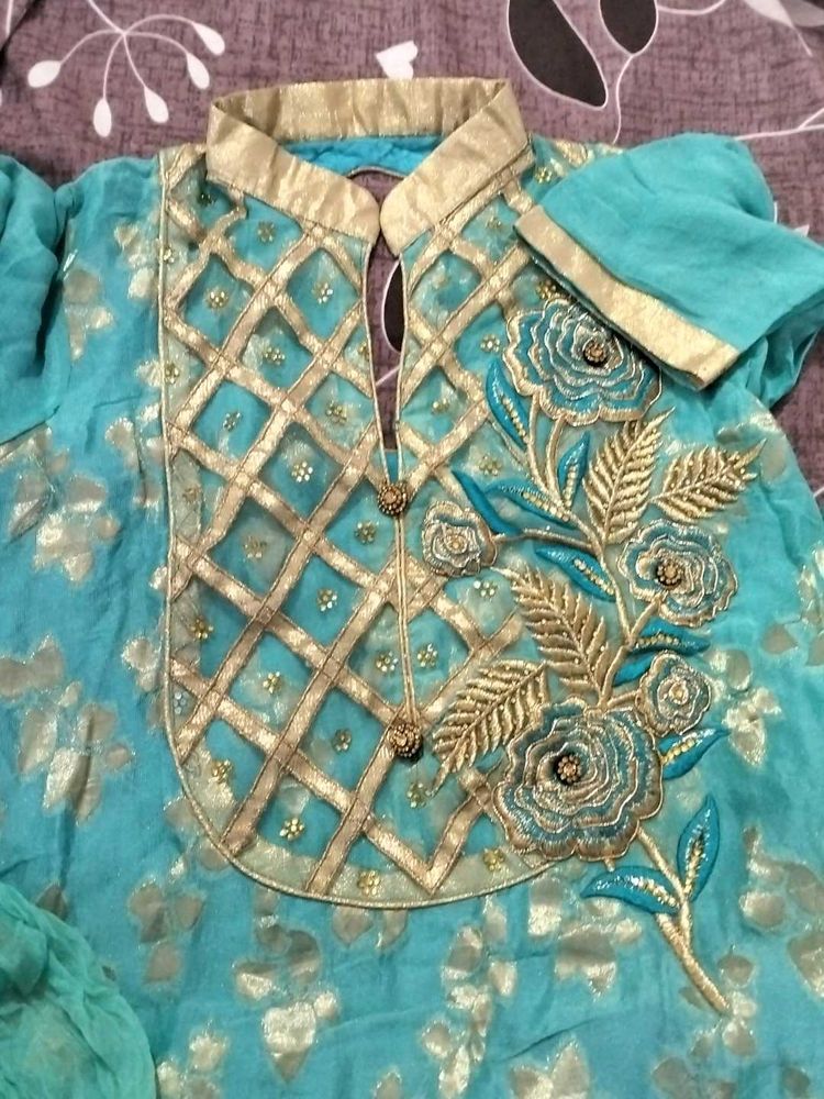 Aqua Embroidered Kurta Set