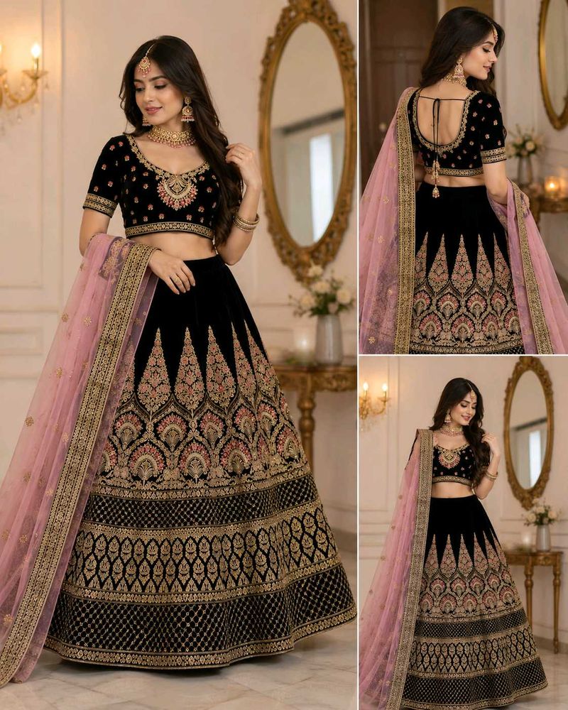 Elegant Black Velvet Lehenga Choli Set