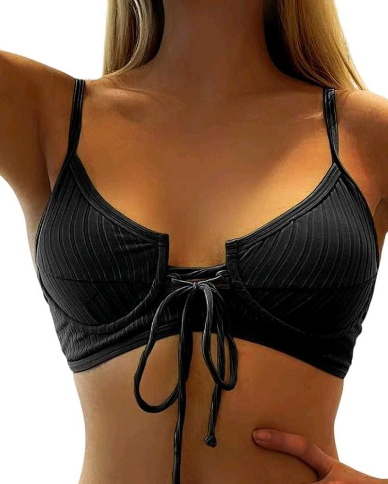 Black Ribbed Lace-Up Bikini Top