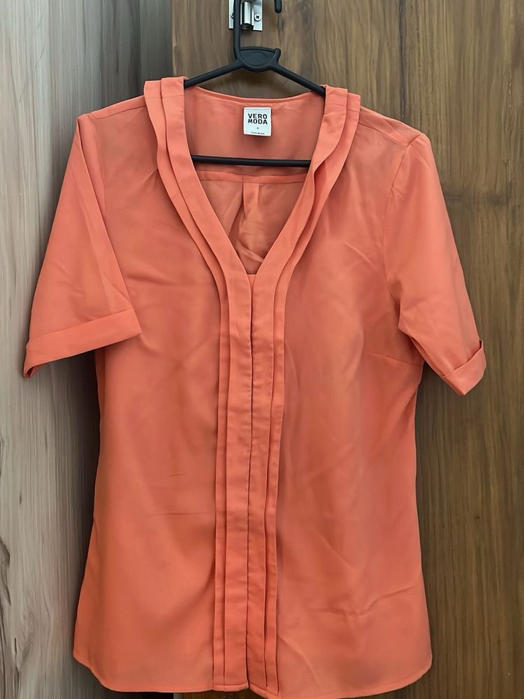 Vero Moda Orange Pleated V-Neck Top