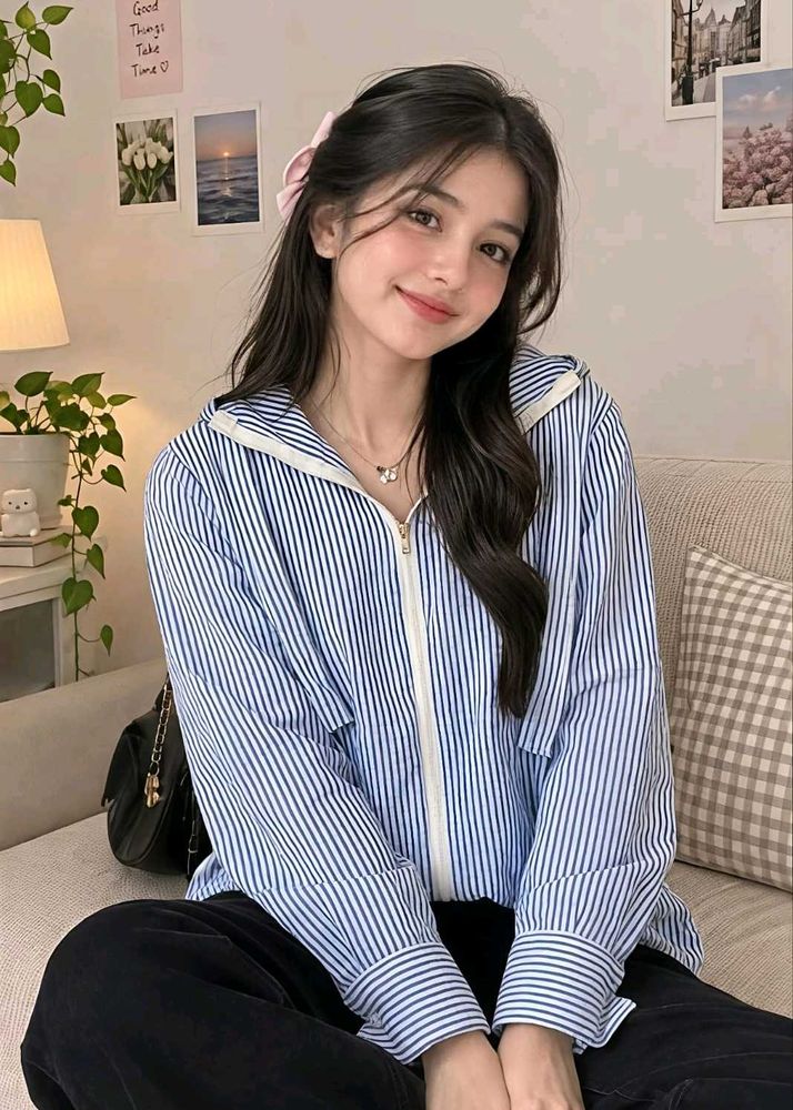 New with tag Chic Striped Zip-Up Hoodie Shirt