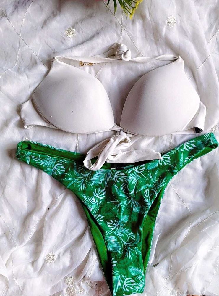 White &amp; Green Leaf Print Bikini set