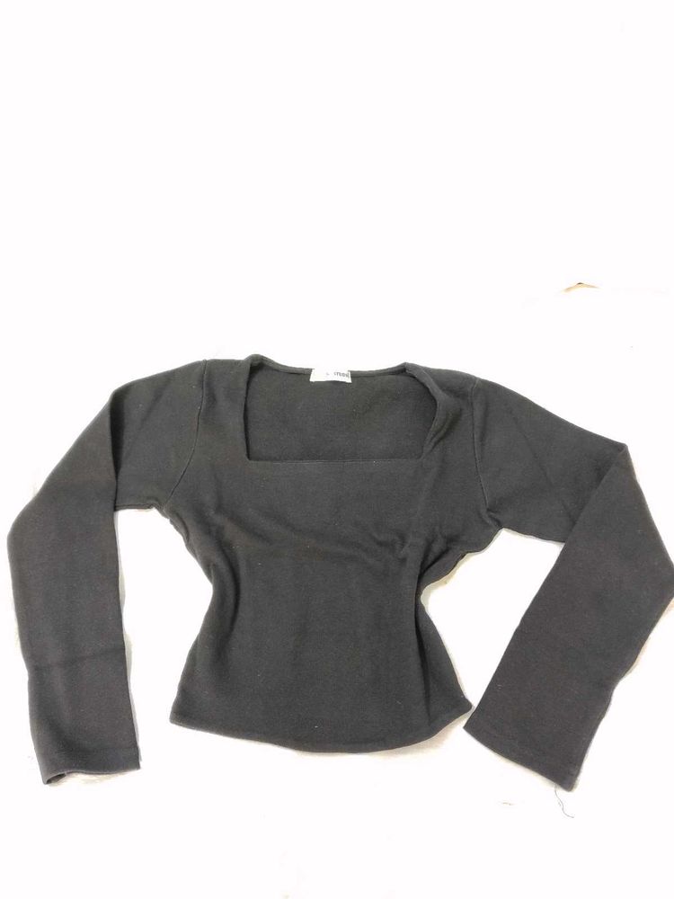 Chic Black Square Neck Long Sleeve Top