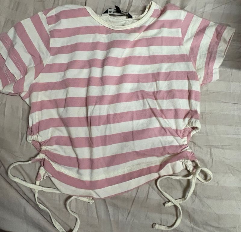 pink white strips cute crop T-shirt womens