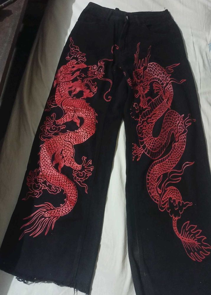 Dragon Embroidered Wide Leg Pants