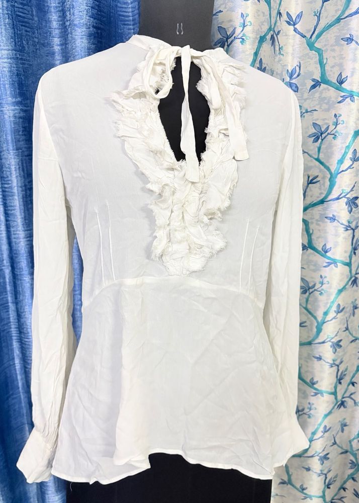 Elegant White Ruffled Neck Blouse