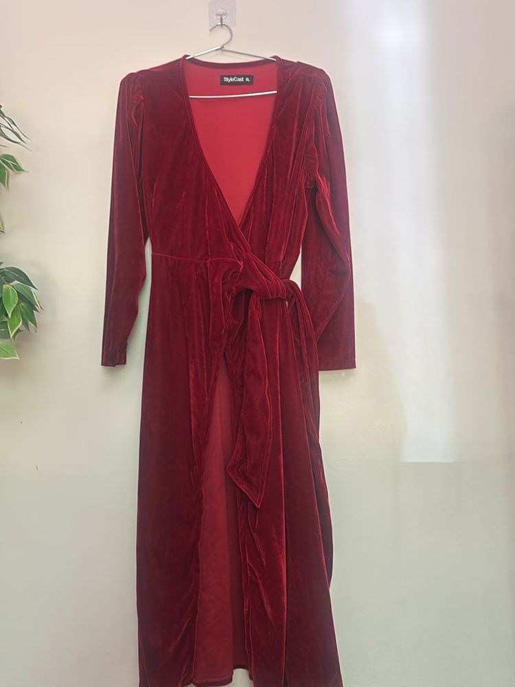 Elegant Red Velvet Wrap Dress