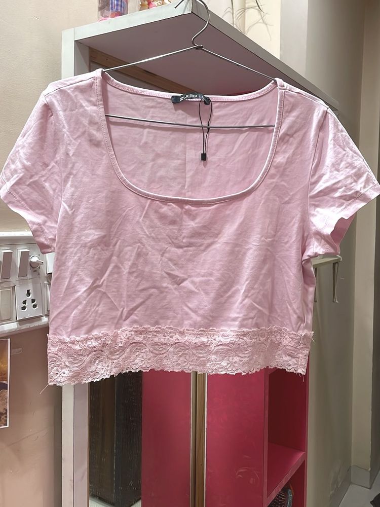 Pink Lace Trim Crop Top
