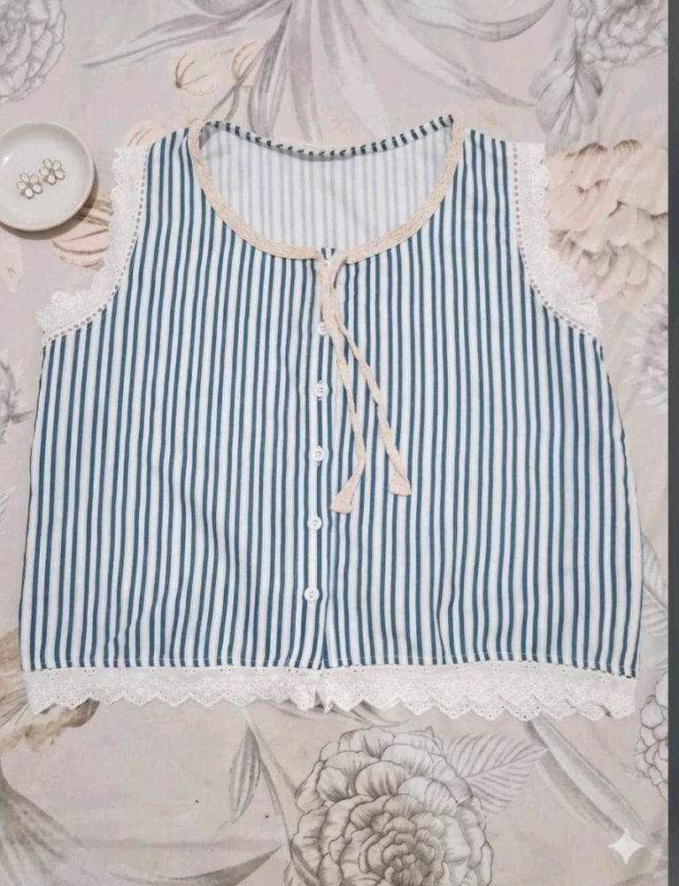 Striped Lace Trimmed Crop Top