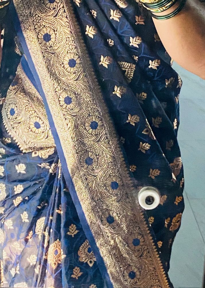 Elegant Blue Saree with Gold Brocade