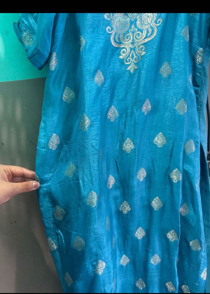 Blue Kurta Set with Gold Print