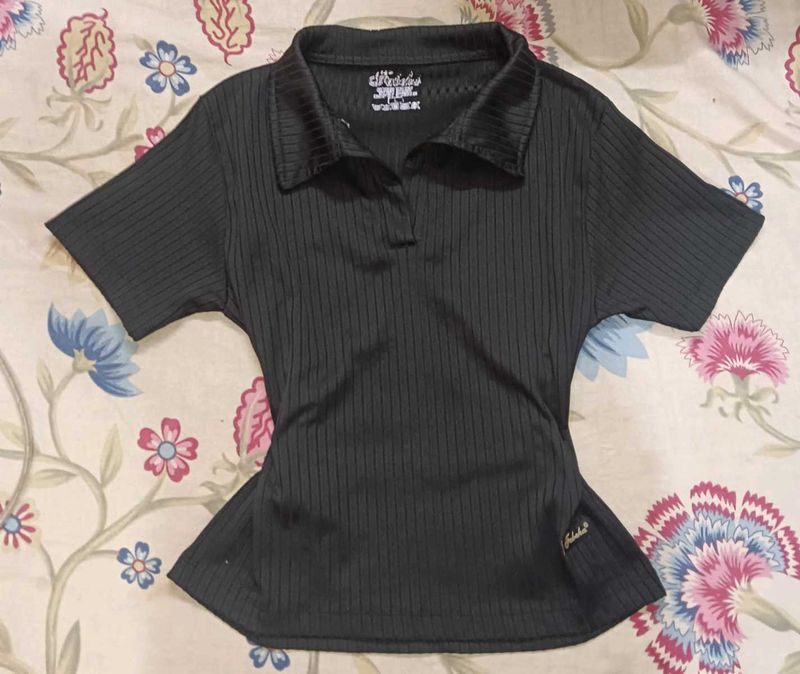 Black Ribbed Polo Top