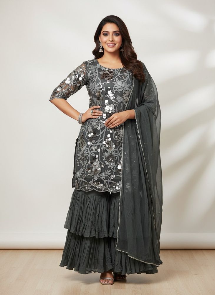 Gray Sharara Sequin Party Dress