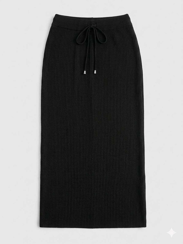 Ribbed Knit Maxi Skirt with Drawstring