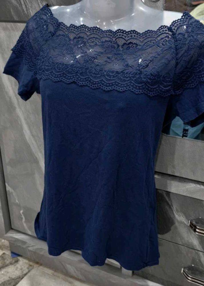 Off-Shoulder Navy Blue Lace Top