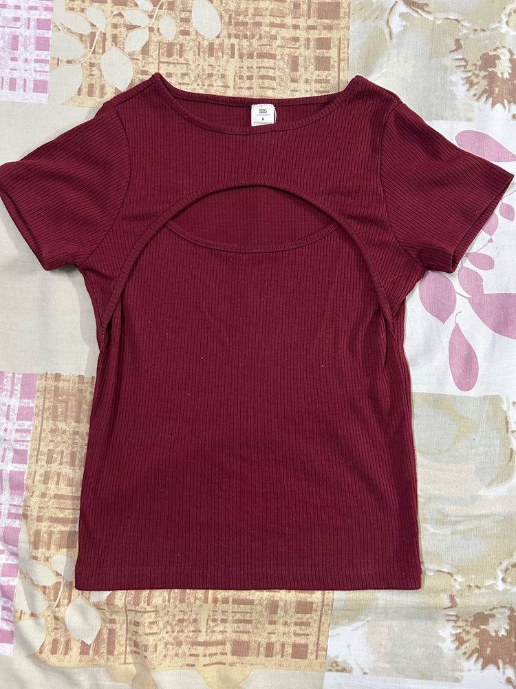 Maroon Ribbed Cutout Top