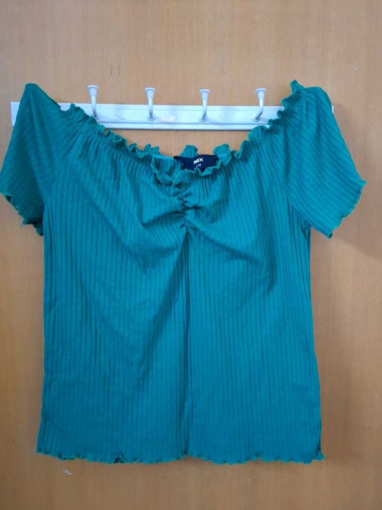 Green Ribbed Off-Shoulder Top
