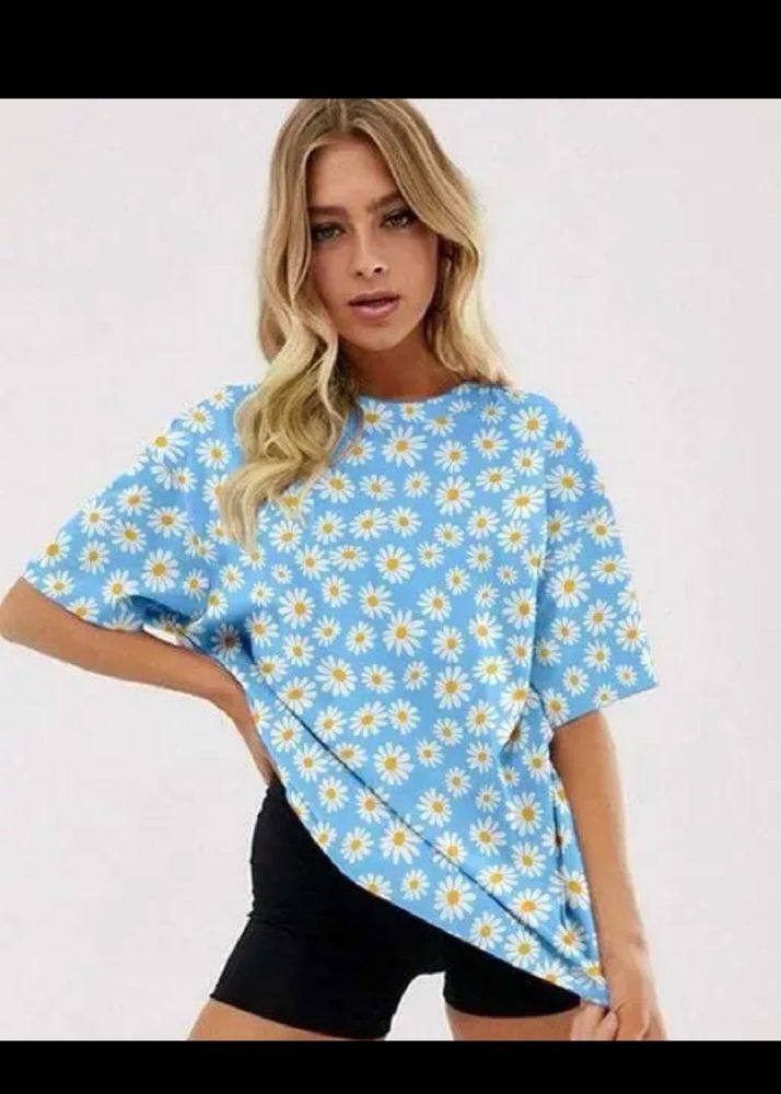 Blue Daisy Print Oversized T-Shirt
